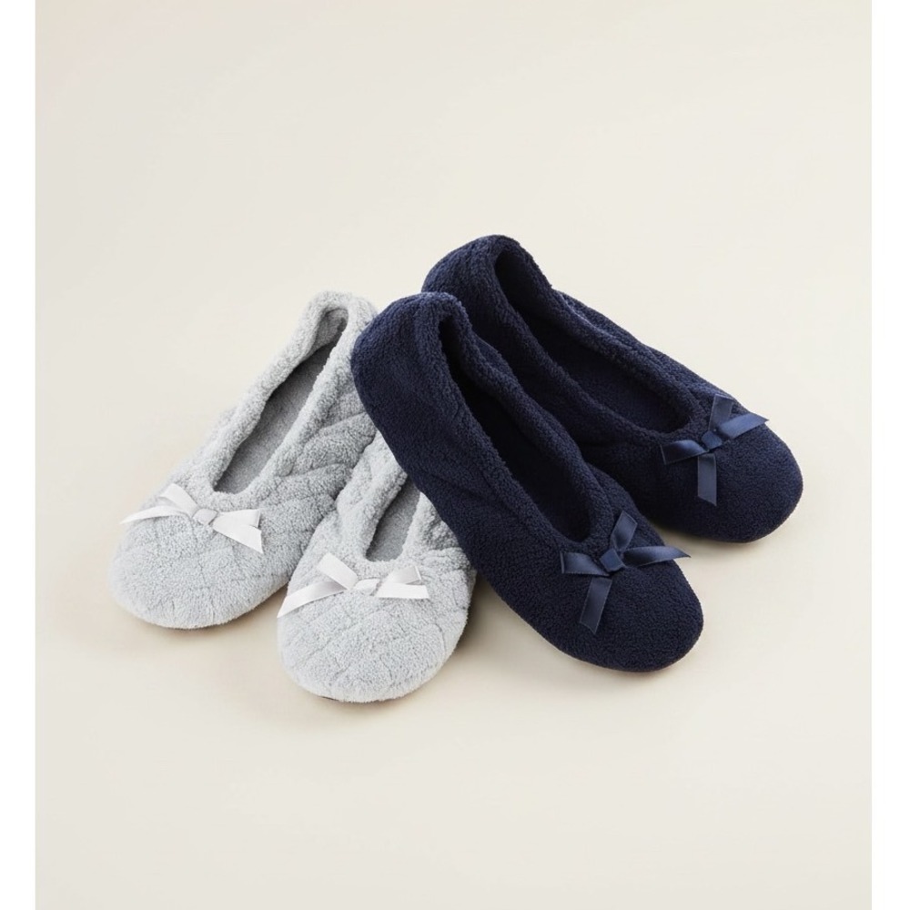 Isotoner Womens 2 Pack Microterry Ballerina Slippers Grey Quilted Navy Blue XL